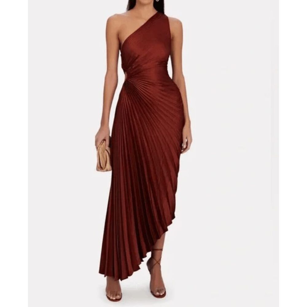NWT A.L.C. Delfina Pleated Cutout One-Shoulder Dress in Brunette Brown Size 10